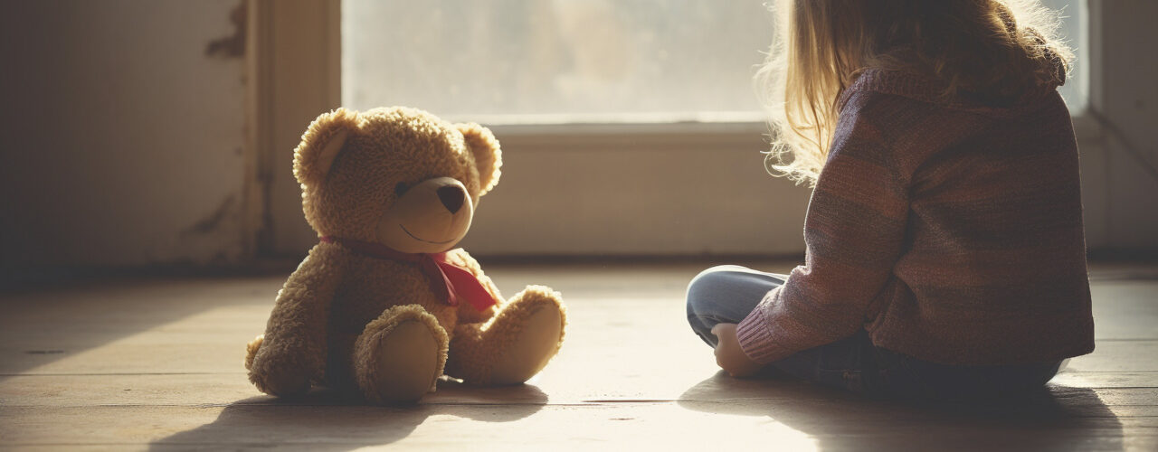 Unhappy Cute Little Girl Sitting With A Teddy